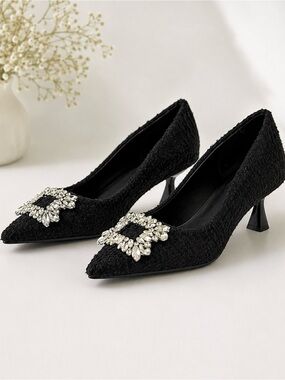 Zara Black Textured Crystal Embellished Buckle Pointed-Toe Pumps